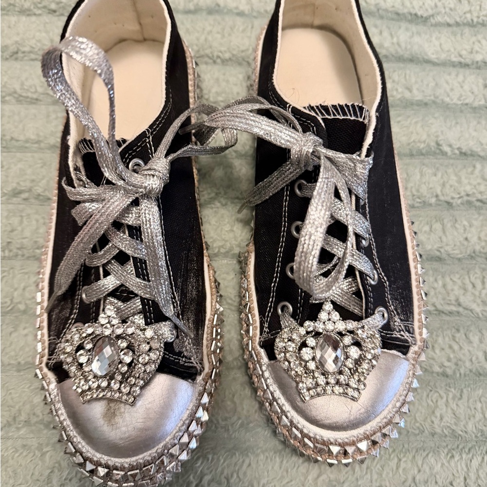 Custom Silver and Black Women's Bling Sneakers with Rhinestone Detail